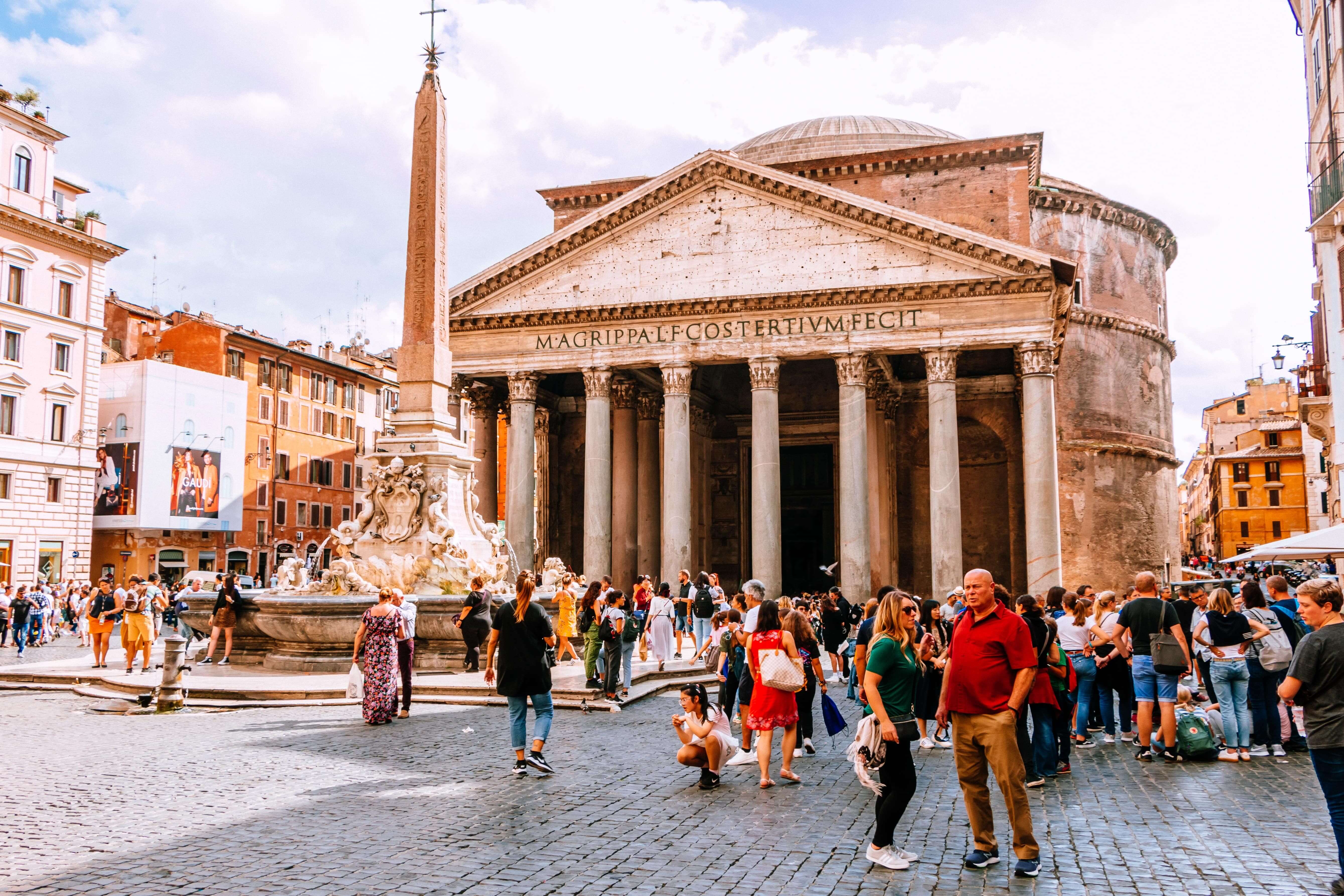 Tourists in front of the Pantheon in Rome, Italy.